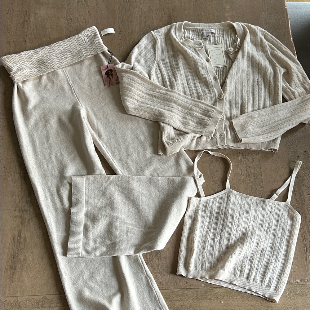 Sincerely Jules Cream Cardigan Knit Sweater and Pants 3 Piece Set